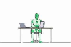 robôs de desenho contínuo de uma linha sentados perto da mesa de escritório e mostrando a área de transferência. organismo cibernético robô humanóide. futuro conceito de desenvolvimento de robótica. ilustração vetorial de desenho de linha única vetor