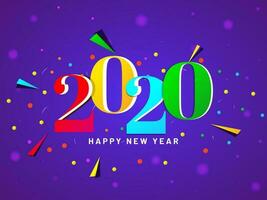 colorida texto 2020 com abstrato geométrico elementos em roxa bokeh fundo para feliz Novo ano celebração. vetor