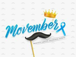 caligrafia do movember com azul fita, dourado coroa e bigode bastão ilustração para próstata Câncer consciência mês conceito. pode estar usava Como bandeira ou poster Projeto. vetor