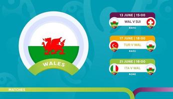 equipe nacional do wales agenda jogos na fase final do campeonato de futebol de 2020 ilustração vetorial de jogos de futebol de 2020 vetor