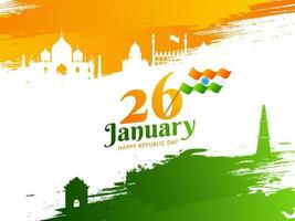 26 janeiro, feliz república dia texto com ondulado indiano bandeira e Índia famoso monumentos em tricolor escova acidente vascular encefálico grunge fundo. vetor