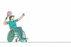 uma linha contínua desenhando atleta feminina com deficiência jogando tênis sentada em cadeira de rodas. desportista segurando a raquete e servir a bola. ilustração em vetor de design gráfico de linha única
