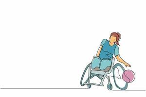 único atleta de desenho de linha jogando basquete sentado em cadeira de rodas. mulher com pernas paralisadas treinando com bola. pessoa com deficiência praticando esportes. vetor de design de desenho de linha contínua