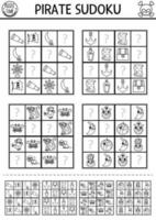 Preto e branco vetor pirata sudoku enigma para crianças com fotos. simples linha Tesouro ilha questionário com responder. Educação atividade ou coloração página. desenhar ausência de objetos