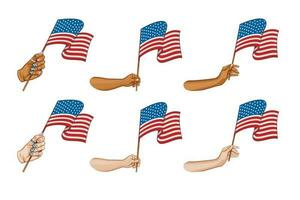 mão segurando americano bandeira. 4º do Julho patriótico conceito. independência dia Projeto elemento vetor