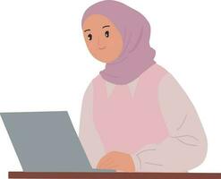 As fotos hijab muçulmano mulher trabalhos em computador portátil ilustração vetor