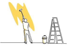 Contínuo um desenho de linha de um jovem trabalhador braçal pintando a parede usando uma vara de rolo. conceito de serviço de renovação de parede de pintor. tema de renovação de casa de vetor isolado no fundo branco