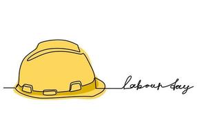 feliz Dia do Trabalho. um desenho de linha contínua de capacete amarelo com letras do dia do trabalho. fundo minimalista do ícone do chapéu de construção rígido de segurança, banner, cartaz. ilustração vetorial vetor