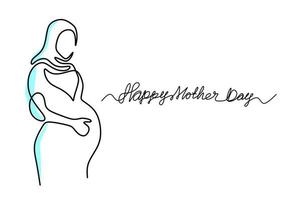 um desenho de linha contínua de mulher muçulmana grávida de mão desenhada letras feliz dia das mães isolado no fundo branco. jovem mãe muçulmana esperando o nascimento de uma criança. ilustração vetorial