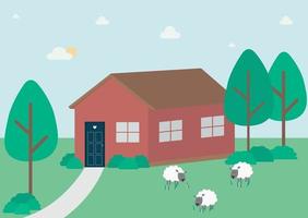 paisagem rural com uma casa de árvores e ovelhas na ilustração de conceito plana de vetor rural