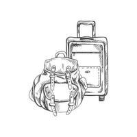 mão desenhado esboço do mala de viagem e acampamento mochila. vintage vetor ilustração isolado em branco fundo. rabisco desenho.