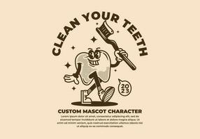 vintage mascote personagem do dente segurando uma dente escova vetor