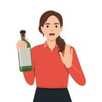 saudável estilo de vida e evitando álcool conceito. jovem mulher em pé dizendo não para álcool recusando do vidro do vinho com elevado mão vetor