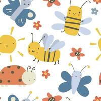 colorida desatado padronizar com engraçado abelhas, borboletas e nuvens. fundo com fofa crianças desenhos. plano vetor ilustração.