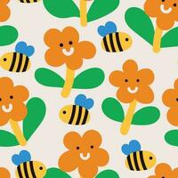 engraçado abelhas e flores desatado padronizar. vetor ingênuo personagens dentro escandinavo desenhado à mão desenho animado estilo. ideal para crianças têxteis, roupas, papel de parede.