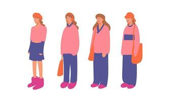 conjunto do diferente poses do uma menina dentro uma Rosa casaco. vetor ilustração