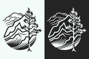 montanha esboço, esboço estilo Preto e branco montanhas e árvore vetor, montanha árvore ícone ilustração, montanha logotipo vetor