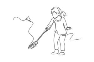 solteiro 1 linha desenhando feliz menina aprender badminton. classe isto acima conceito. contínuo linha desenhar Projeto gráfico vetor ilustração.