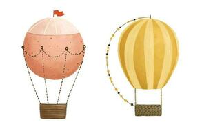 fofa infantil ilustração com quente ar balão, jornada, viagem definir. bebê arte, adesivo vetor