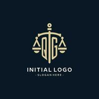 qg inicial logotipo com escala do justiça e escudo ícone vetor