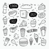 fast food doodles elementos de objeto de estilo de arte em linha desenhada