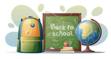 escola ilustração com uma mochila, uma globo, livros e uma escola borda com inscrições. costas para escola, conhecimento dia, estudar. vetor brilhante ilustração.