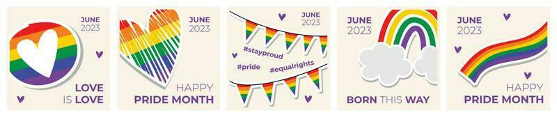 feliz orgulho mês faixas definir. lgbt arco-íris, coração, bandeira ,Tag. vetor