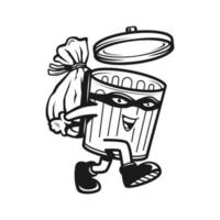 feliz lixeira personagem de desenho animado preto e branco segurando lixo vetor