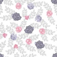 padrão botânico sem costura com flores rosa e roxas e folhas escuras no fundo branco, perfeito para papel de parede de fundo têxtil ou ilustração vetorial de papel de embrulho vetor