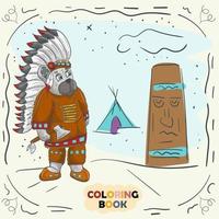 ilustração de contorno de cor de livro para crianças pequenas no estilo de ursinho de pelúcia doodle no traje nacional do índio norte-americano vetor