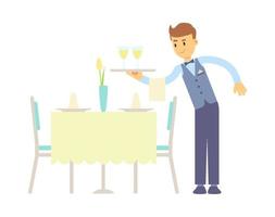 garçom segurando um copo de vinho na bandeja serve a mesa uma mesa no restaurante é servida para o jantar serviço equipe profissão conceito estoque ilustração vetorial vetor