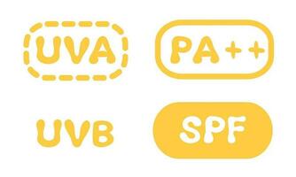 conjunto do uva, uvb, spf, pa ícones dentro fofa desenho animado plano estilo. símbolos para protetor solar, Sol proteção produtos e embalagem. vetor