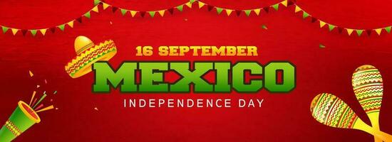 local na rede Internet cabeçalho ou bandeira Projeto com ilustração do sombrero chapéu, maracás e festa popper em vermelho fundo para 16 setembro, México independência dia celebração. vetor