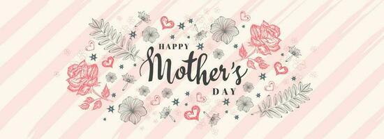 lindo rosa flores e folhas decorado em listra fundo com à moda letras do mãe dia. cabeçalho ou bandeira Projeto. vetor