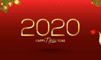 dourado 2020 feliz Novo ano texto em vermelho fundo decorado com pinho folhas e iluminação festão. vetor