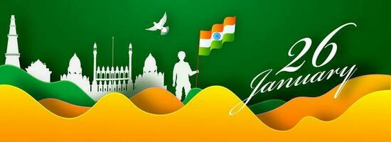 açafrão e verde papel cortar onda fundo com Índia famoso monumentos, Pombo e silhueta homem segurando indiano bandeira em a ocasião do 26 janeiro. vetor