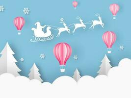 papel cortar estilo quente ar balões, natal árvore, flocos de neve e silhueta santa equitação rena trenó em nublado azul fundo para alegre Natal celebração. vetor