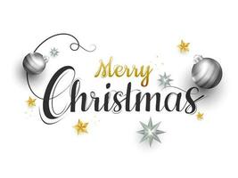 caligrafia do alegre Natal decorado com enfeites e estrelas em branco fundo pode estar usava Como cumprimento cartão Projeto. vetor