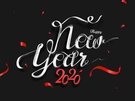 caligrafia do feliz Novo ano 2020 texto em Preto fundo decorado com vermelho confete. vetor