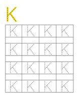 carta caligrafia prática para crianças. pontilhada alfabeto rastreamento k vetor