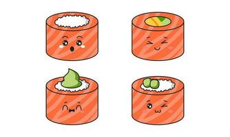 vários kawaii Sushi, rolos, nigiri. japonês desenho animado estilo vetor