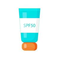 Sol tela proteção creme spf50. vetor plano ilustração. azul e laranja cor garrafa do protetor solar.