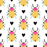 brilhante besouros com Preto corações desatado padronizar com desenho animado elementos. vetor