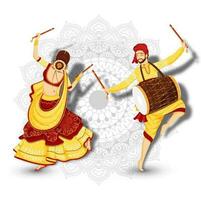 jovem mulher dançando com dandiya dança e baterista homem jogando tambor em branco mandala floral fundo. vetor