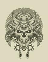 ilustração cabeça de crânio de samurai em fundo preto vetor