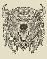 ilustração tribal Urso cabeça com gravação estilo em Preto fundo vetor