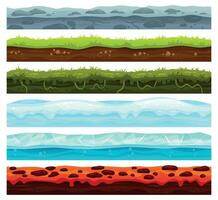 desatado terra camadas. sujeira terra panorama jogos ativo, gelo com neve cápsulas e lava chão. desenho animado superfície vetor ativos