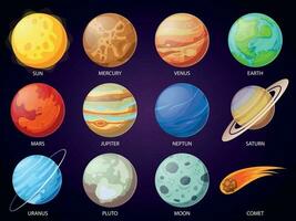 desenho animado solar sistema planetas. astronômico observatório planeta, meteoro e estrela. astronomia vetor ícones conjunto