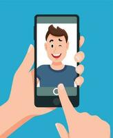 homem levando Smartphone selfie retrato. tocante Telefone foto desenho animado vetor ilustração