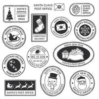 Natal carimbo. vintage santa claus carimbo postal, norte pólo enviar cachet e floco de neve símbolo em selos vetor ilustração conjunto